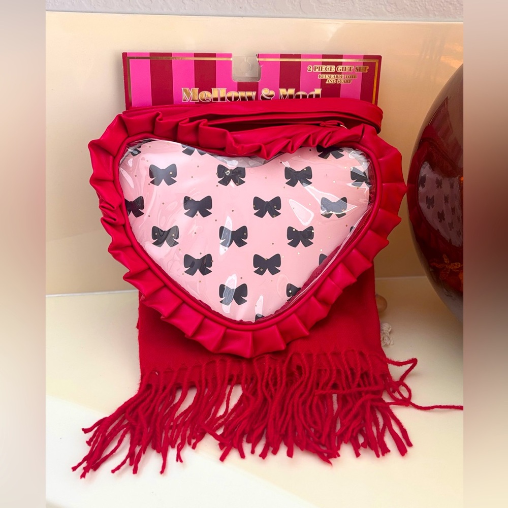 Heart-Shaped Faux leather Red adjustable crossbody zipper bag & Fringe Scarf